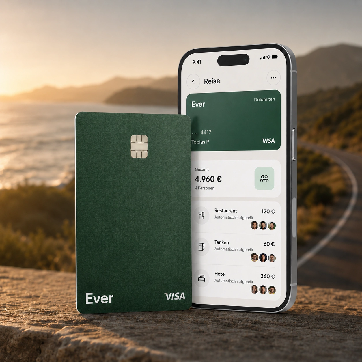 Ever Card und App mit aufgeteilten Roadtrip-Kosten